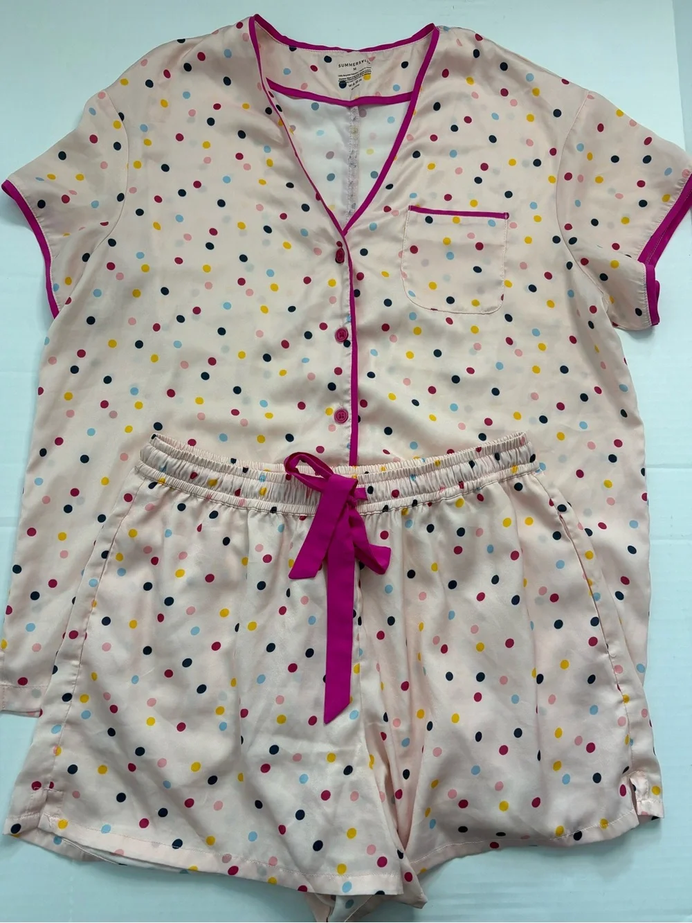 Summersalt pajama Set button-down short sleeve top tie-waist shorts polka dot